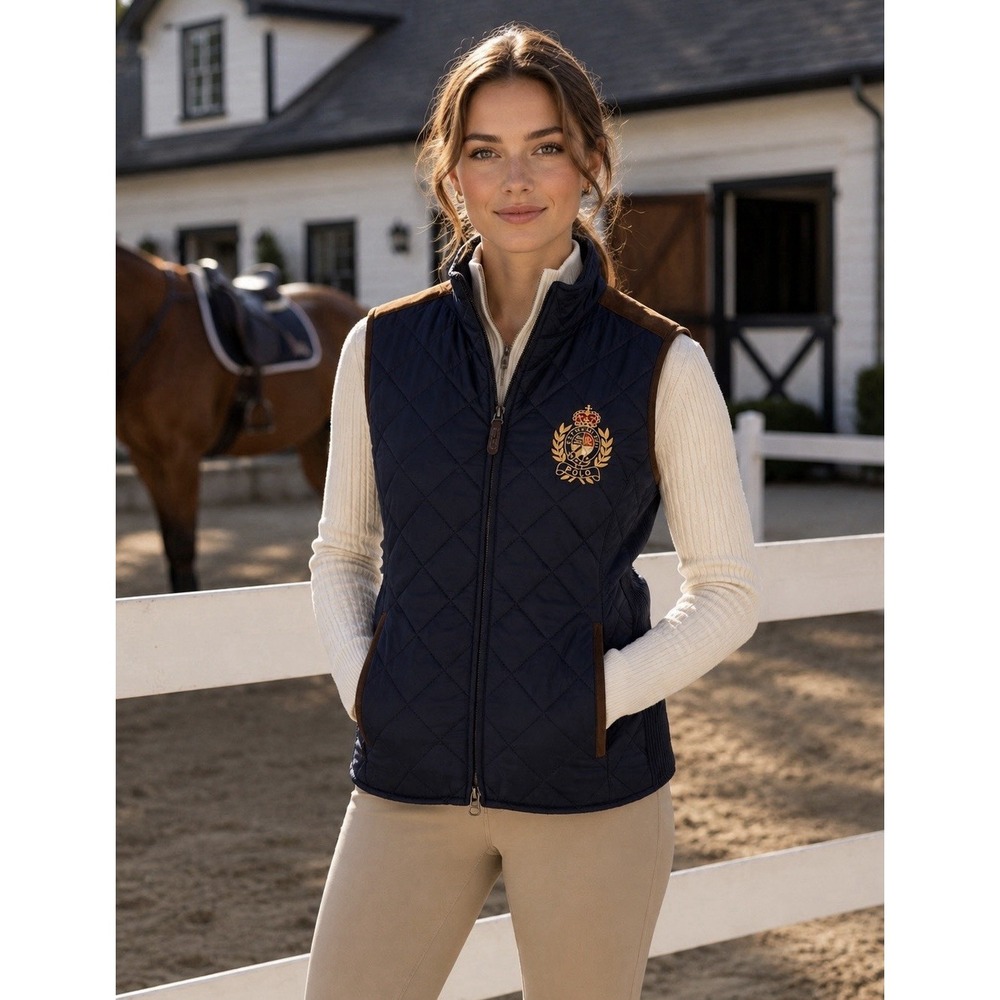 Polo Ralph Lauren Crest Navy Blue Quilted Vest Leather Trim Preppy Equestrian XL